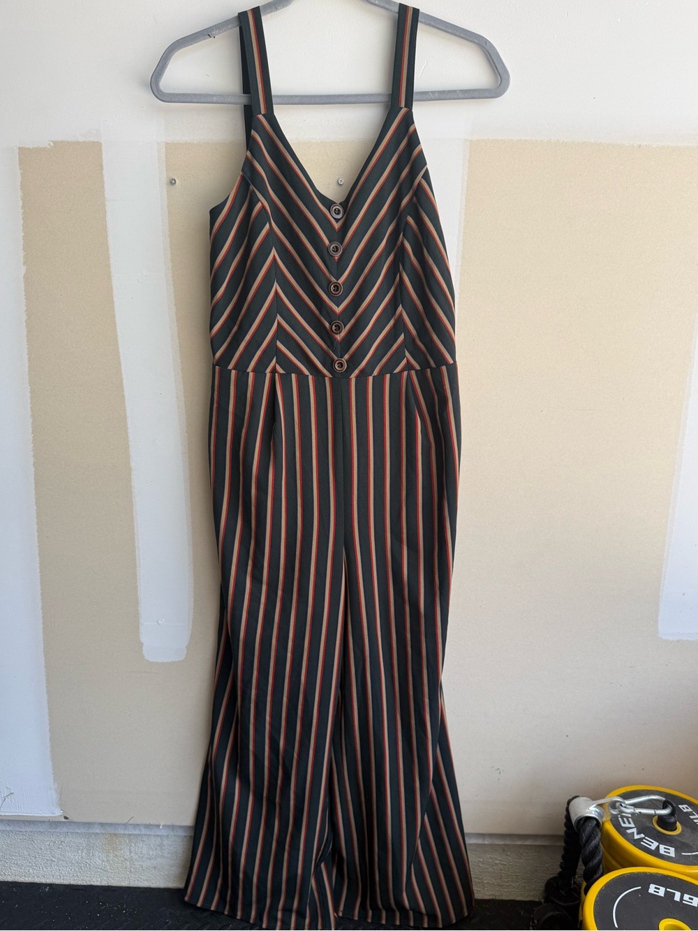 Striped V-Neck Wide-Leg Jumpsuit in Black & Brown
